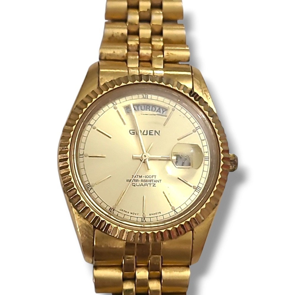 Vintage Gruen 219-3W50 Men's Day Date Gold Tone Quartz Watch Needs Battery